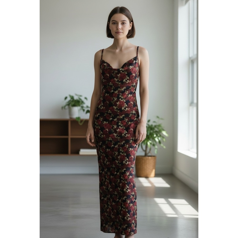 SHEIN Petite L Rose Floral Cowl Neck Maxi Dress Red Black Slit Spaghetti Straps